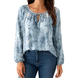 Jennifer Lopez Womens XS Blouse Tie Neck Long Sleeve Blue Gray Print Boho Casual